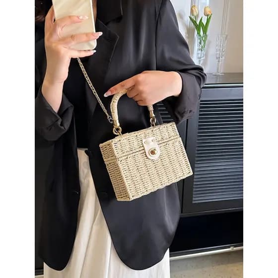 Caixa caixa de palha saco elegante All-Match pequeno quadrado saco estilo férias tecido bolsa ombro saco do mensageiro s