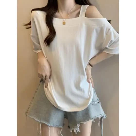 Tamanho grande Irregular camiseta de manga curta feminina verão 2025 novo estilo solto mais magro olhar capa redução de