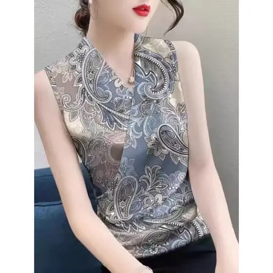 Sem mangas pequeno colete roupas femininas exterior Wear verão novo estilo impresso fino-ajuste com decote em V estiling