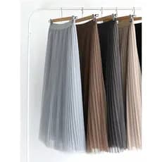 Novo estilo saia de gaze de seda brilhante cintura alta mais magro olhar plissado meados de comprimento gradiente saia f