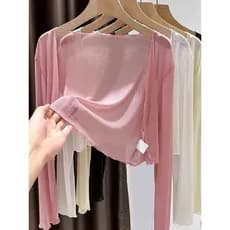 Protetor solar Cardigan feminino verão estilingue exterior xale curto tule blusa jaqueta com saia esportes jóias anel