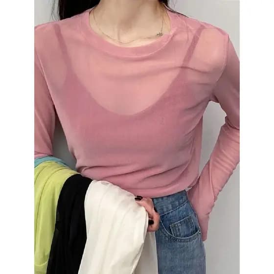 2025 verão doce cor gelo seda camisa de fundo feminino manga comprida gaze protetor solar camiseta jogo interno cor sóli