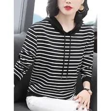 Versão coreana roupas de outono 2025 novo estilo camiseta moletom mãe de meia-idade solta listrada com capuz