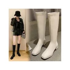 Sapatos femininos-43 tamanho couro botas longas volta zíper botas altas salto grosso meados de salto moda botas feminina