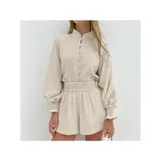 2024 Gola Temperamento Camisa Casual Design Cintura Alta Calças Largas Conjunto De Duas Peças Roupas Femininas Europeias