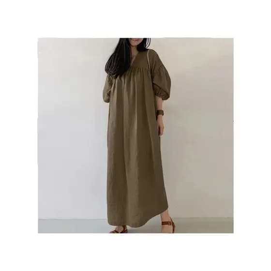 2024 Rakuten Novo Produto Saia Longa Cor Sólida Solta Com Decote Em V Manga Puff Vestido Casual Vestido Feminino
