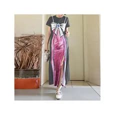 2024 lindo verão feminino novo estilo de manga curta arco impresso vestido cintura alta saia longa vestido feminino