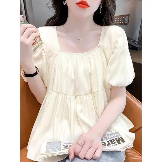 Francês Puff manga Super fada Chiffon camisa feminina verão novo estilo doce pescoço quadrado camisa do bebê Design solt
