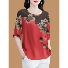 ~~ Nova camiseta feminina de meia manga versão coreana impressa capa solta barriga roupa de mãe All-Match Top Tie Clip