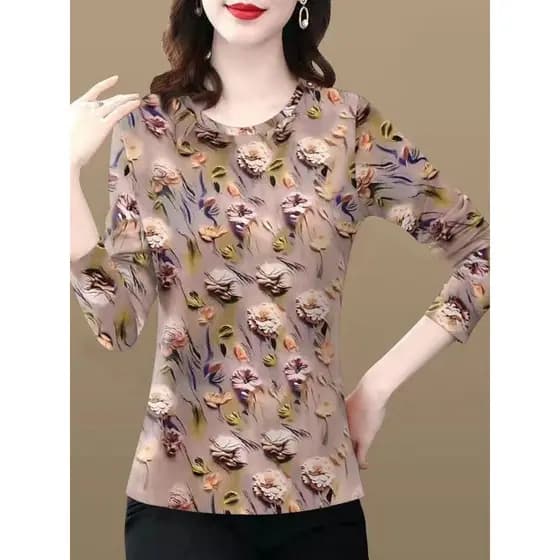 2025 novo estilo camiseta feminina primavera outono estilo manga comprida impresso em torno do pescoço capa barriga All-