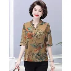 Mãe idosa de meia-idade verão novo estilo camisa colorida manga de 5 pontos pulôver camisa pequena estilo fino respiráve