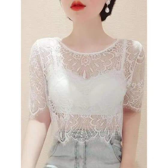 Vestido estilingue de renda blusa externa feminina manga curta gaze transparente oco xale feminino elegante fino seda to