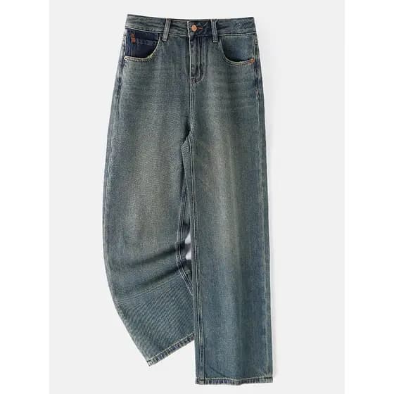 VK primavera outono Retro lavado angustiado algodão Jeans retos senhoras cintura alta versão solta calças de perna larga