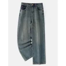VK primavera outono Retro lavado angustiado algodão Jeans retos senhoras cintura alta versão solta calças de perna larga