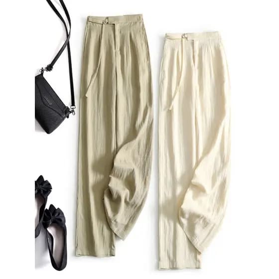 Zimo Qinghe ~ Calça reta de cintura alta e linho de seda com pernas largas, verão, fina, textura de alta qualidade, Casu
