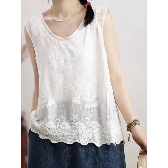 2025 verão novo estilo simples bordado colete feminino fino solto sem mangas em torno do pescoço interior literário All-