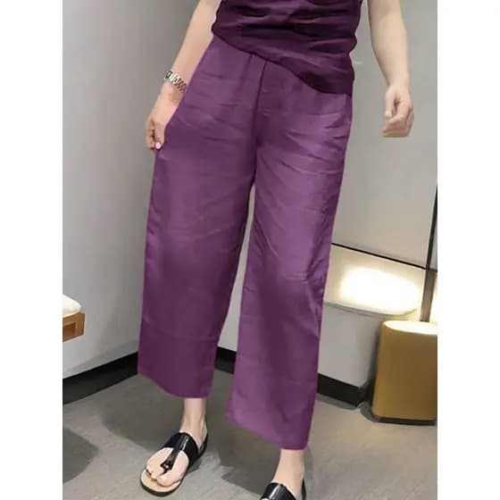 Zmo Qinghe ~ High-End Cor Sólida Linho Calças de Perna Larga Mulheres Estilo Fino Solto Casual Versão Estreita Reta Algo