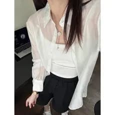 [Estoque pronto] Paper Man Wear ~ Ice White Single Breasted Ligeiramente Transparente Top Feminino Primavera Verão Lyoce