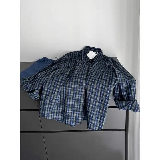 [Estoque pronto] Versão coreana xadrez contraste cor lapela Single-Breasted camisa de manga comprida feminina verão linh