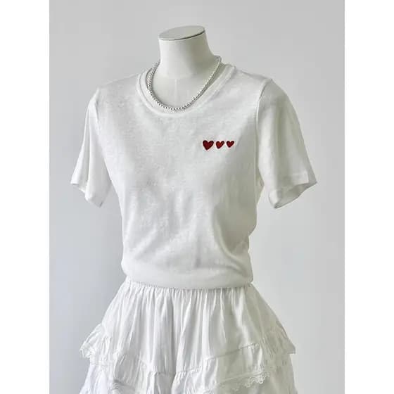 [Estoque pronto] Série de fechamento ocular!Camiseta de linho branco algodão coração manga curta verão costas Single-Bre