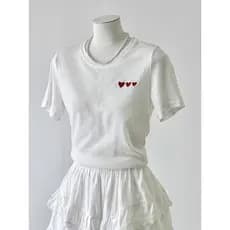 [Estoque pronto] Série de fechamento ocular!Camiseta de linho branco algodão coração manga curta verão costas Single-Bre