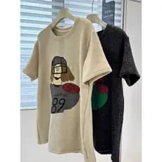 Coreano desenho animado coreano estampado dupla face escovado camiseta de manga curta feminina início da primavera engro