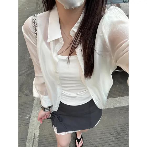 [Estoque pronto] Wear Wow ~ Tencel ligeiramente transparente fino protetor solar camisa jaqueta feminina primavera verão