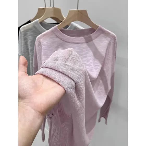 Primavera verão em torno do pescoço camisola solta All-Match mais magro olhar máscara de manga comprida camiseta Slub bl