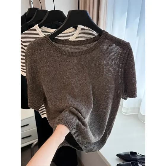 Um estilo batendo no amor ~!Cor café em torno do pescoço camisola de linho de manga curta camiseta feminina início da pr