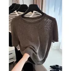 Um estilo batendo no amor ~!Cor café em torno do pescoço camisola de linho de manga curta camiseta feminina início da pr