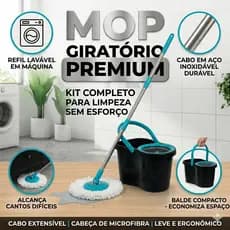 Mop Giratório 360º Limpeza Prática Balde 8,7 Litros Cabo Retrátil Ajustável Inox + Refil Microfibra