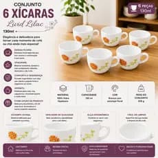 Conjunto Xícaras Porcelana 130ml Branco Lilás Jogo 6 Unidades Elegante Durável