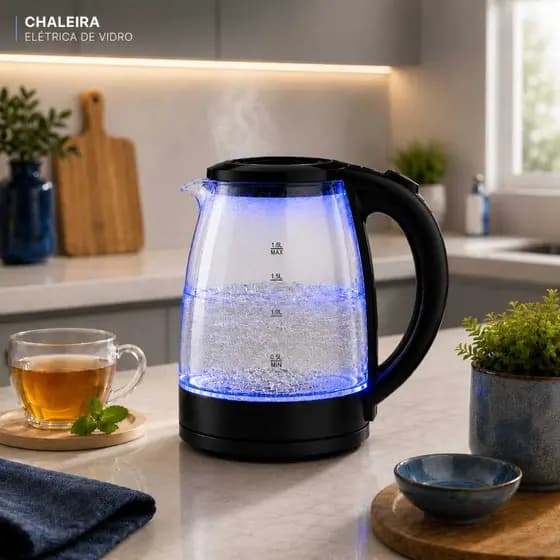 Chaleira Elétrica Vidro 1,8L LED Azul Jarra com 1500W Desligamento Automático Ferve Rápido 110v 220v