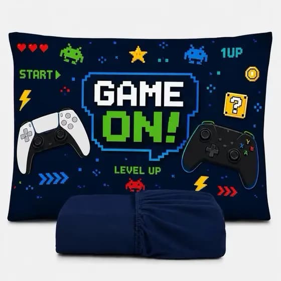 JOGO DE LENÇOL SOLTEIRO INFANTIL GAME GAMER FRONHA TRAVESSEIRO, LENÇOL DE ELASTICO