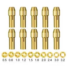 Conjunto de 10 pinças, com tamanhos que variam de 0,5mm a 3,2mm, adequado para micro retificadores.
