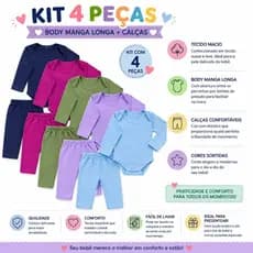 Kit 4 peças body manga longa + mijão menina e menino para bebê infantil canelado