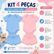 Kit 2 Body Manga Curta + 2 Shorts Verão Menino e Menina Bebê Infantil Bory Masculino Bori Feminino