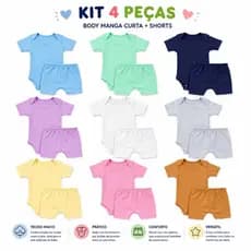 Kit 4 peças body manga curta + shortinho menina e menino para bebê infantil tapa fralda verão