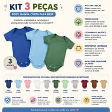 Kit 3 peças body manga curta bebe para menina e menino bory bebê infantil