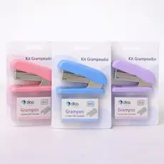 Kit Mini Grampeador + Grampos – Cores Sortidas (Rosa, Azul e Lilás)