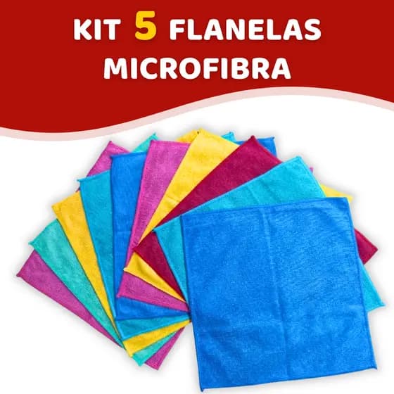 Kit com 5 Panos Flanelas de Microfibra Multicolorido 30cmx30cm - Para Limpeza Geral, Polimento e Secagem, Alta Absorção