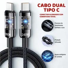 Cabo de Carregamento Dual USB Tipo C 240W Turbo, compatível com Samsung, Xiaomi, Huawei,  Led