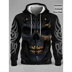 2025 Moda Masculina Crânio Impressão 3D Zíper Bolso Hoodie Roupas Primavera Outono Casual Esportes Oversize Manga Longa