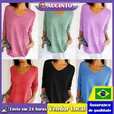 Aucinto Malhas Suéter Casual Multicolor Estilo Básico Mais Magro Look Com Decote Em V Cor Sólida Camisa De Fundo Feminin