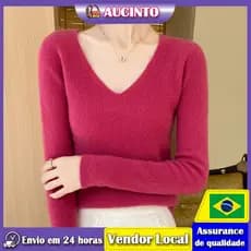 Aucinto Suéter feminino de malha com gola baixa e gola V, camisa feminina Slim fit