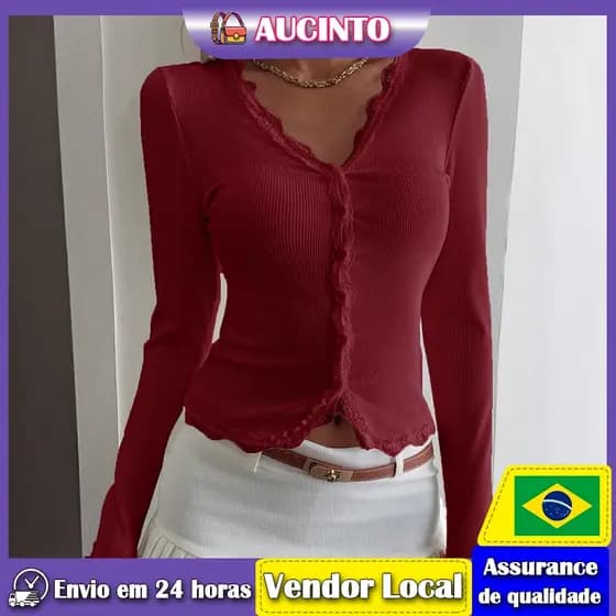Aucinto outono inverno novo estilo com decote em V renda costura Anti-tira Cardigan camiseta longa @-