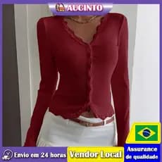 Aucinto outono inverno novo estilo com decote em V renda costura Anti-tira Cardigan camiseta longa @-