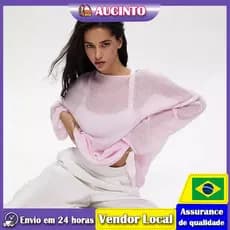 Aucinto novo estilo oco suéter feminino macio solto malha blusa de manga comprida
