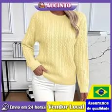 Suéter de malha grossa torcido com gola redonda Aucinto, cor sólida, suéter feminino