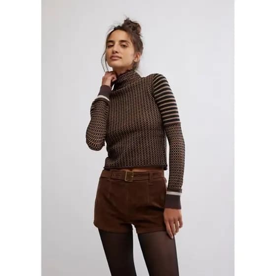 FP Outono Novo Estilo 2 Cores Gola Slim-fit Waffle Bottoming Camisa Top Feminino